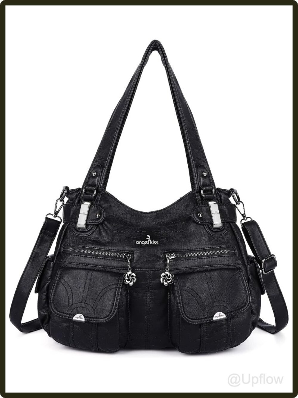 Women's Washed PU Leather Satchel Handbag Large Double Zipper Multi Pocket Purse